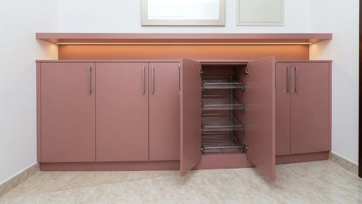 Custom built-in entryway shoe cabinet with angled pull-out racks in dusty rose lacquer in JLT Dubai apartment entrance