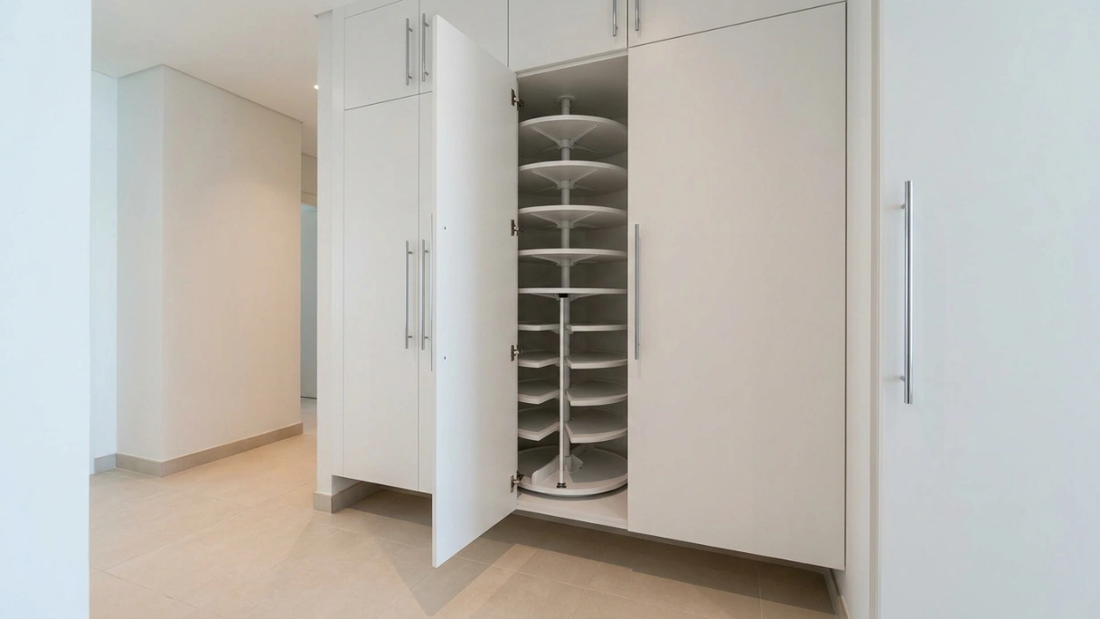 Custom built-in entryway shoe tower with rotating carousel interior in white lacquer in Arjan Dubai apartment entrance