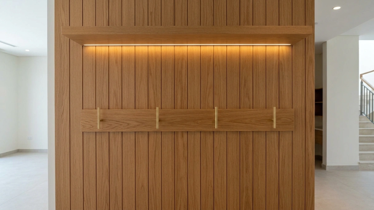 Custom built-in entryway panelling in caramel oak with integrated coat hooks and floating shelf in Villanova Dubailand townhouse