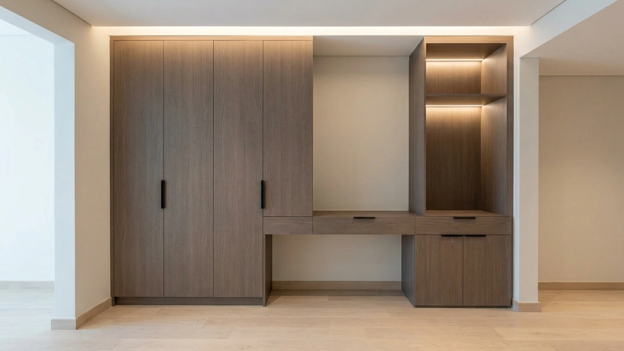 Custom built-in entryway wardrobe and console unit in smoked oak with black handles in Nshama Town Square Dubai townhouse