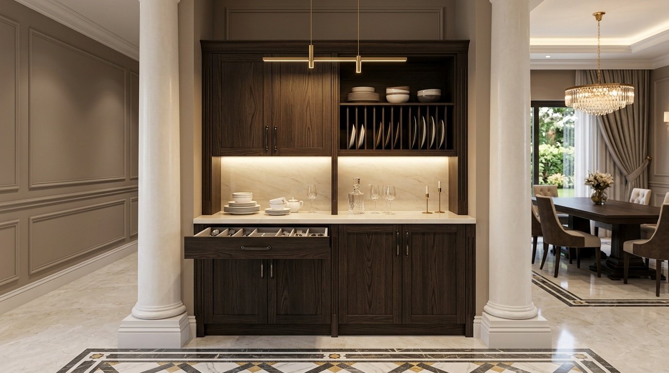 Built-in espresso ash dining server station fitted between columns in Khalidiyah Abu Dhabi residence