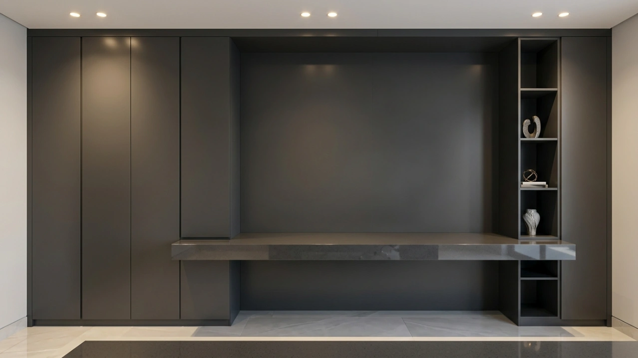 Custom built-in executive home office in charcoal grey with quartz desk surface in Business Bay Dubai villa office