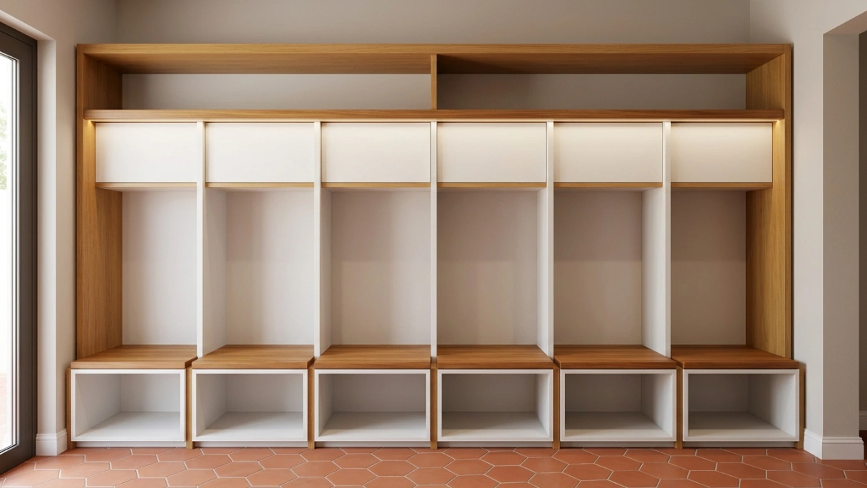 Family mudroom with honey oak cubby lockers, teak bench seats, and continuous open shelf in an Arabian Ranches Dubai villa by Karnak Carpentry