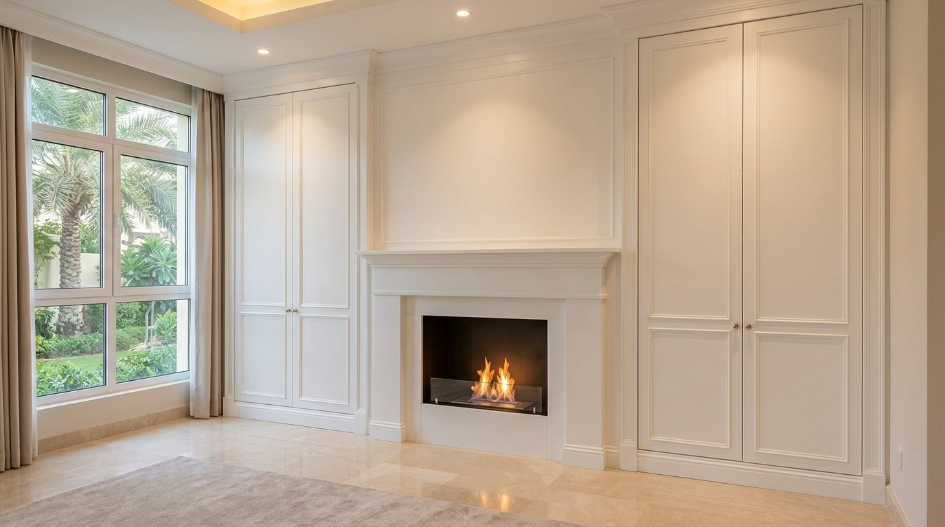 Custom built-in fireplace surround and flanking cabinets in white lacquer with moulding in Emirates Living Dubai villa