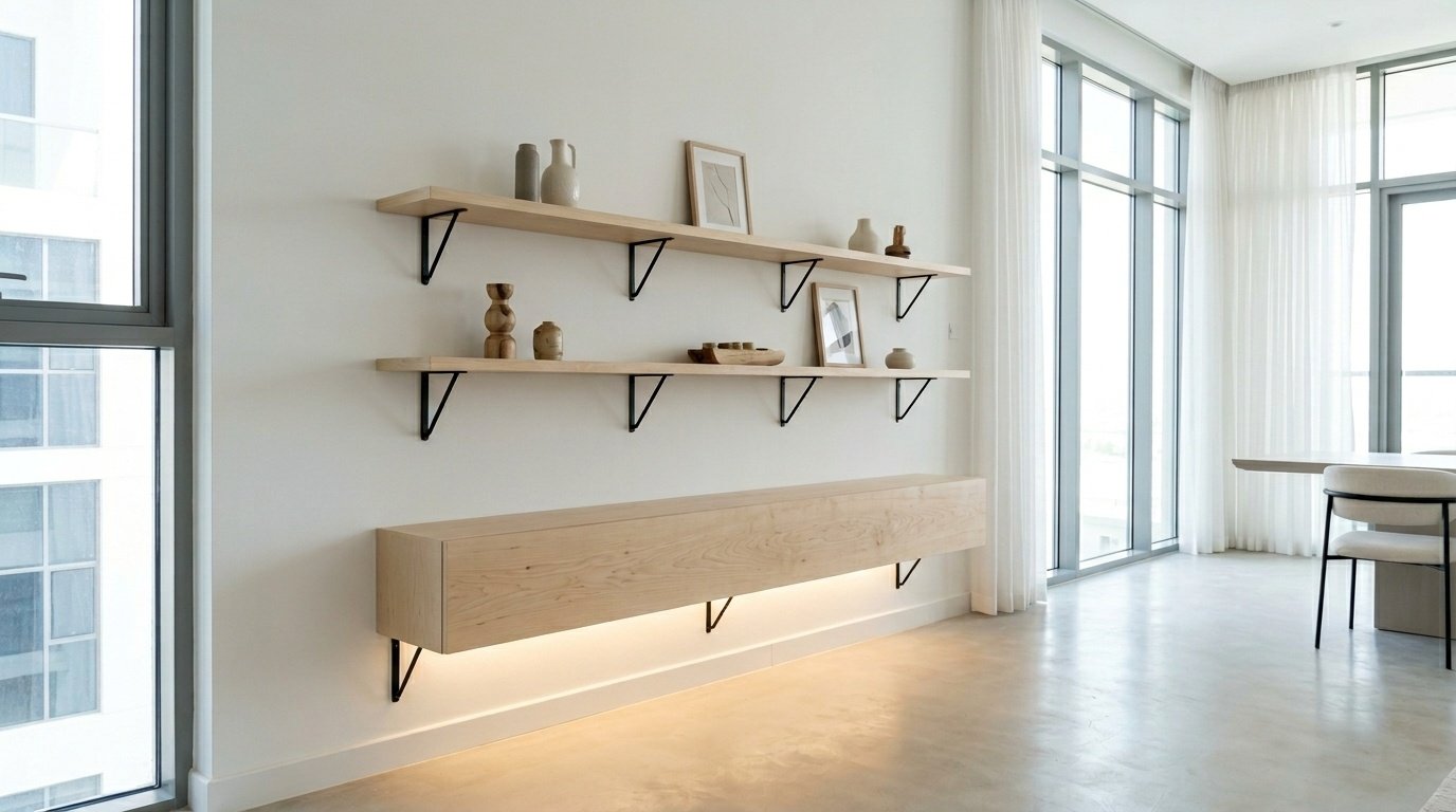 Floating birch wood dining sideboard and shelf unit with black metal brackets in Ajman apartment