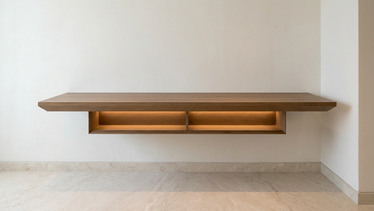 Custom floating smoked oak console table with recessed LED niches permanently mounted in a UAE villa entrance hall by Karnak Carpentry