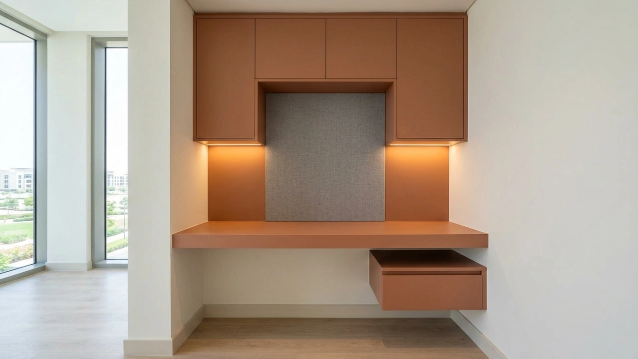 Custom built-in floating desk with fabric pinboard panel in clay lacquer in Emaar South Dubai apartment study