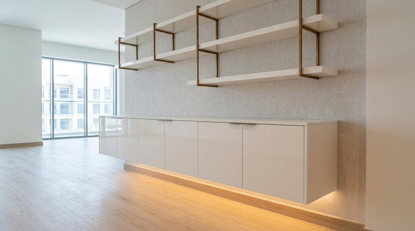 Custom built-in floating sideboard and shelving in pearl white with bronze brackets in Silicon Oasis Dubai apartment