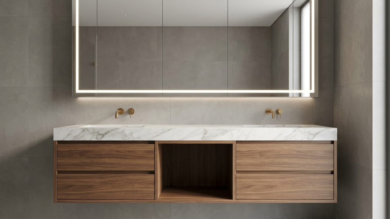 Custom fitted floating walnut vanity with double basin and marble countertop in Dubai Hills Estate villa master bathroom