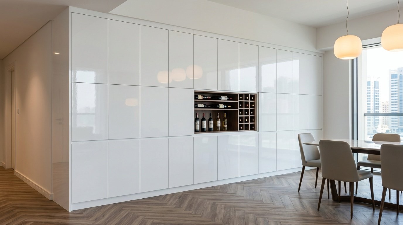 Floor-to-ceiling handleless white lacquer dining storage wall with wine rack in Sharjah apartment