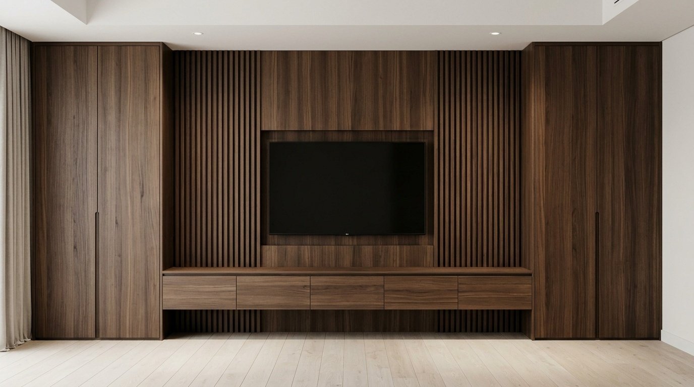 Fluted walnut dining TV media panel wall with integrated storage in Ras Al Khaimah luxury villa