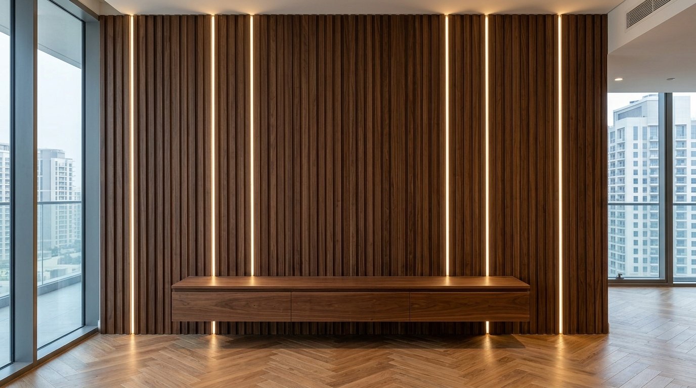 Custom floor-to-ceiling fluted walnut veneer panel feature wall with LED strip lighting in Sobha Hartland Dubai apartment
