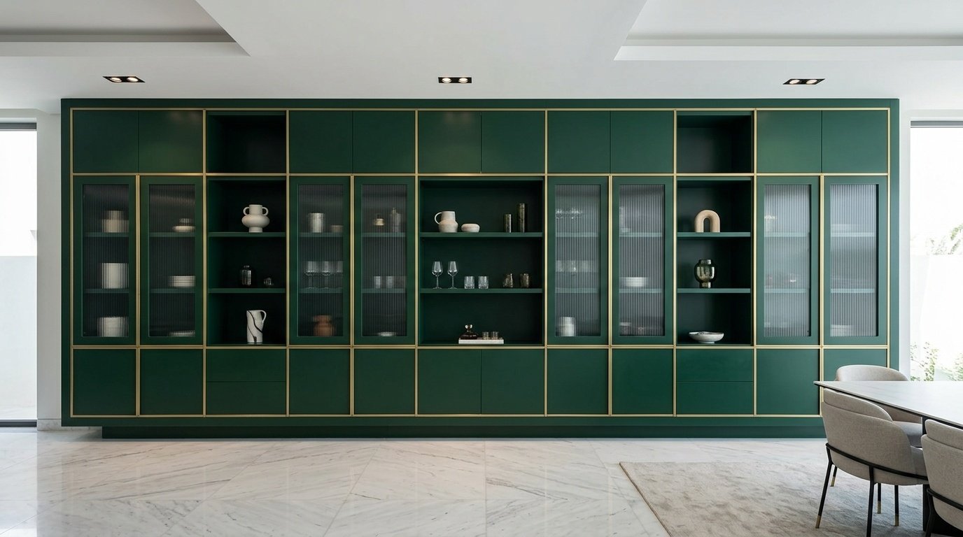 Forest green lacquer dining display wall with reeded glass and brass frame in Al Barsha Dubai villa