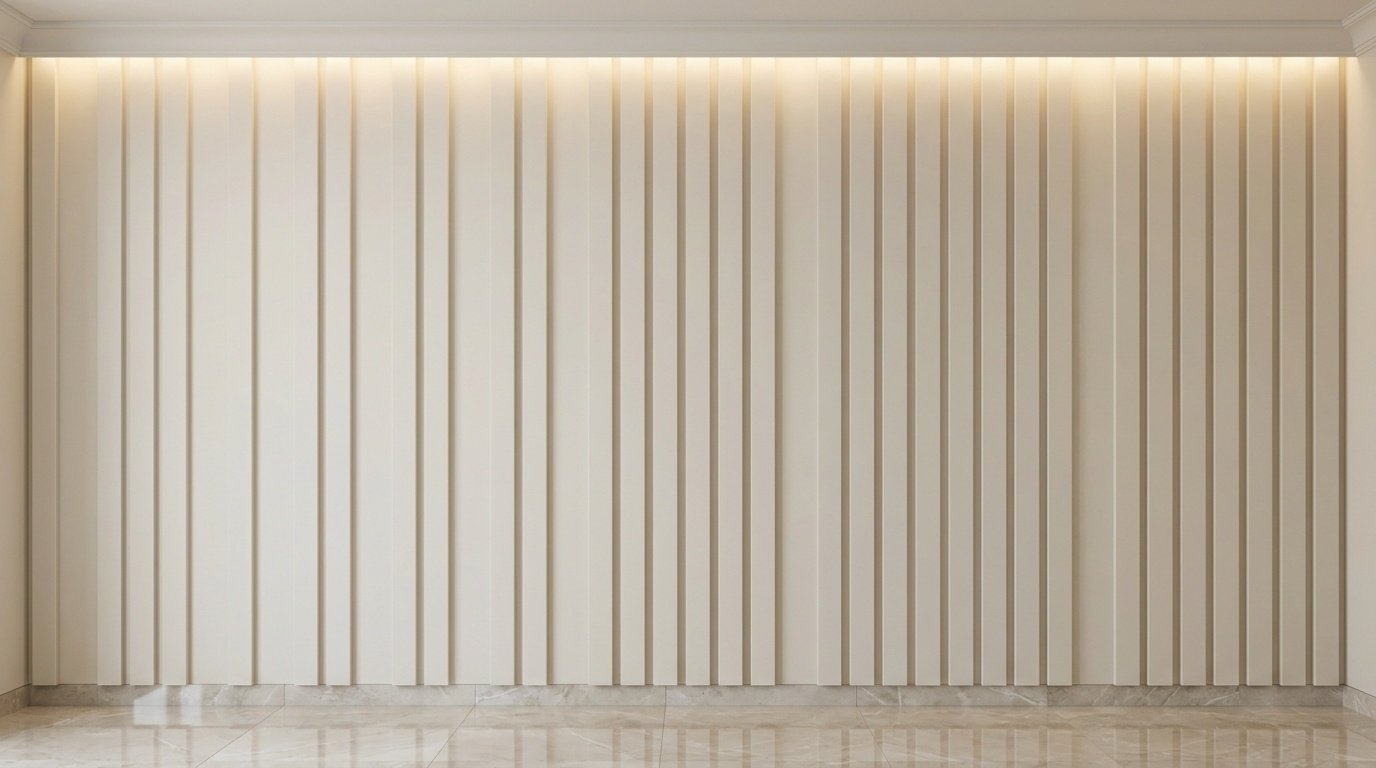 Custom full-height matte ivory wall panelling with shadow gap reveals and LED cove in Abu Dhabi villa majlis