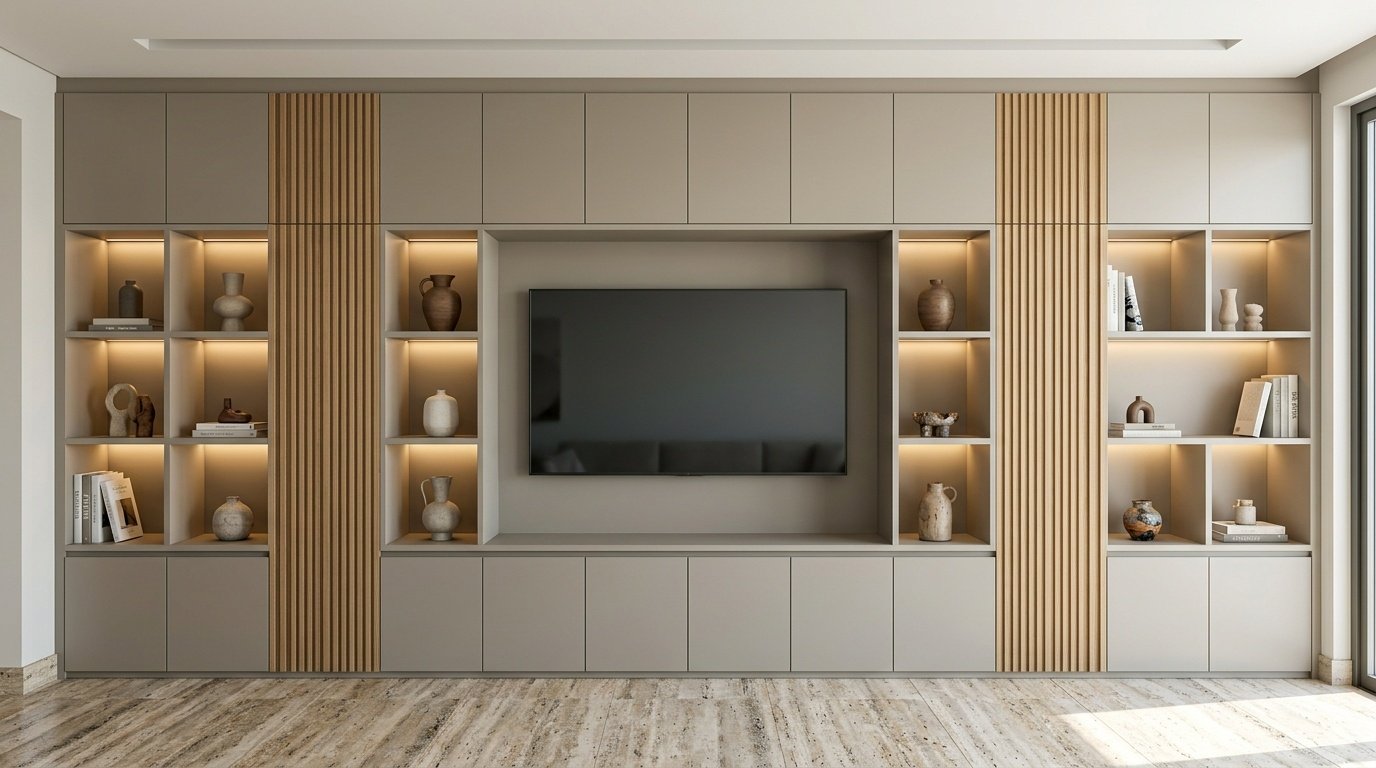 Custom built-in full-wall entertainment and display unit in greige lacquer with fluted oak panels in Dubai Hills villa living room