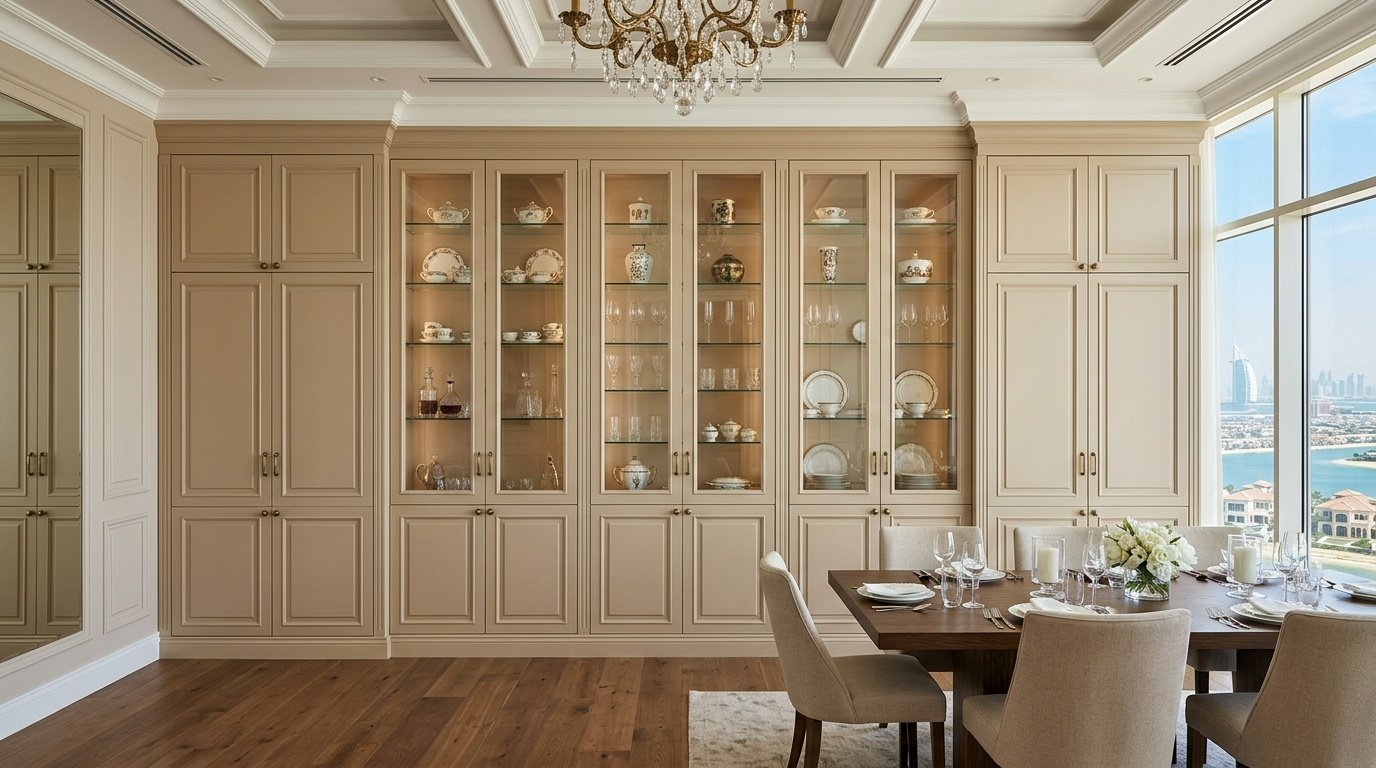 Full-width beige lacquer dining cabinet wall with glass display and pantry sections in Palm Jumeirah penthouse