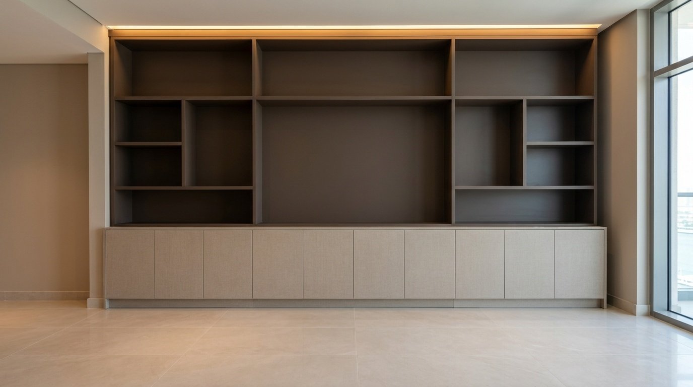 Custom full-width living room media unit in linen laminate and deep brown in Deira waterfront Dubai apartment