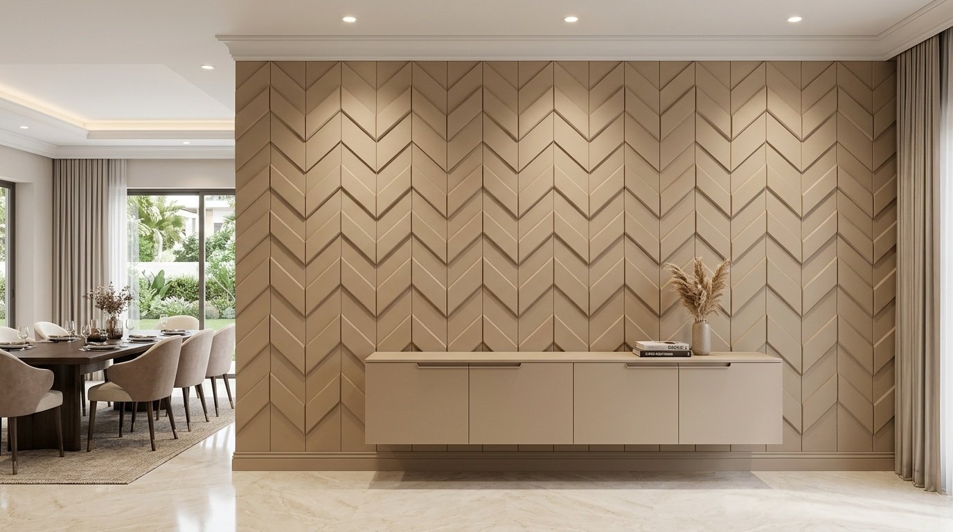 Geometric chevron 3D routed MDF dining feature wall with integrated sideboard in Ajman luxury villa