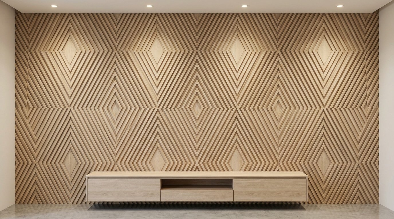Custom geometric limed oak batten diamond panel wall with built-in media unit in Al Barsha South Dubai villa
