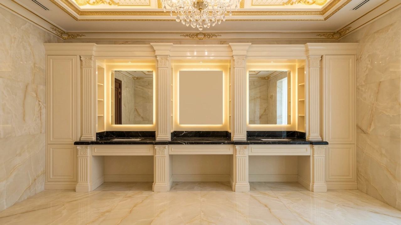 Monumental cream lacquer bathroom vanity wall with carved pilasters and Nero Marquina marble countertop in a UAE palace-style villa by Karnak Carpentry