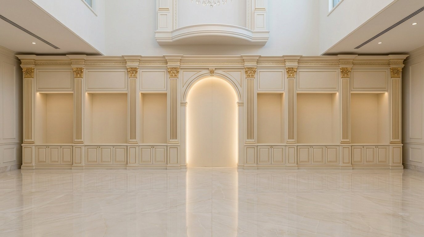 Grand symmetrical fitted living room cabinetry wall with cream lacquer, fluted pilasters, and gold cornice in a UAE palace-style villa by Karnak Carpentry