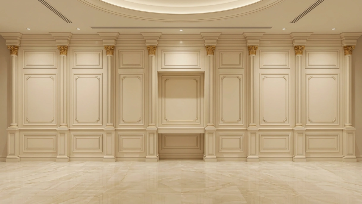 Grand entrance foyer with symmetrical cream lacquer carved panels, fluted pilasters, and gold-leaf cornice in a UAE palace-style villa by Karnak Carpentry