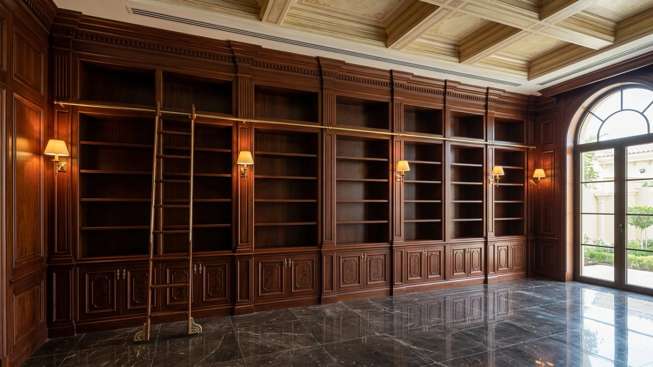 Grand floor-to-ceiling mahogany home office library wall with brass rolling ladder and dentil cornice in a UAE palace-style villa by Karnak Carpentry