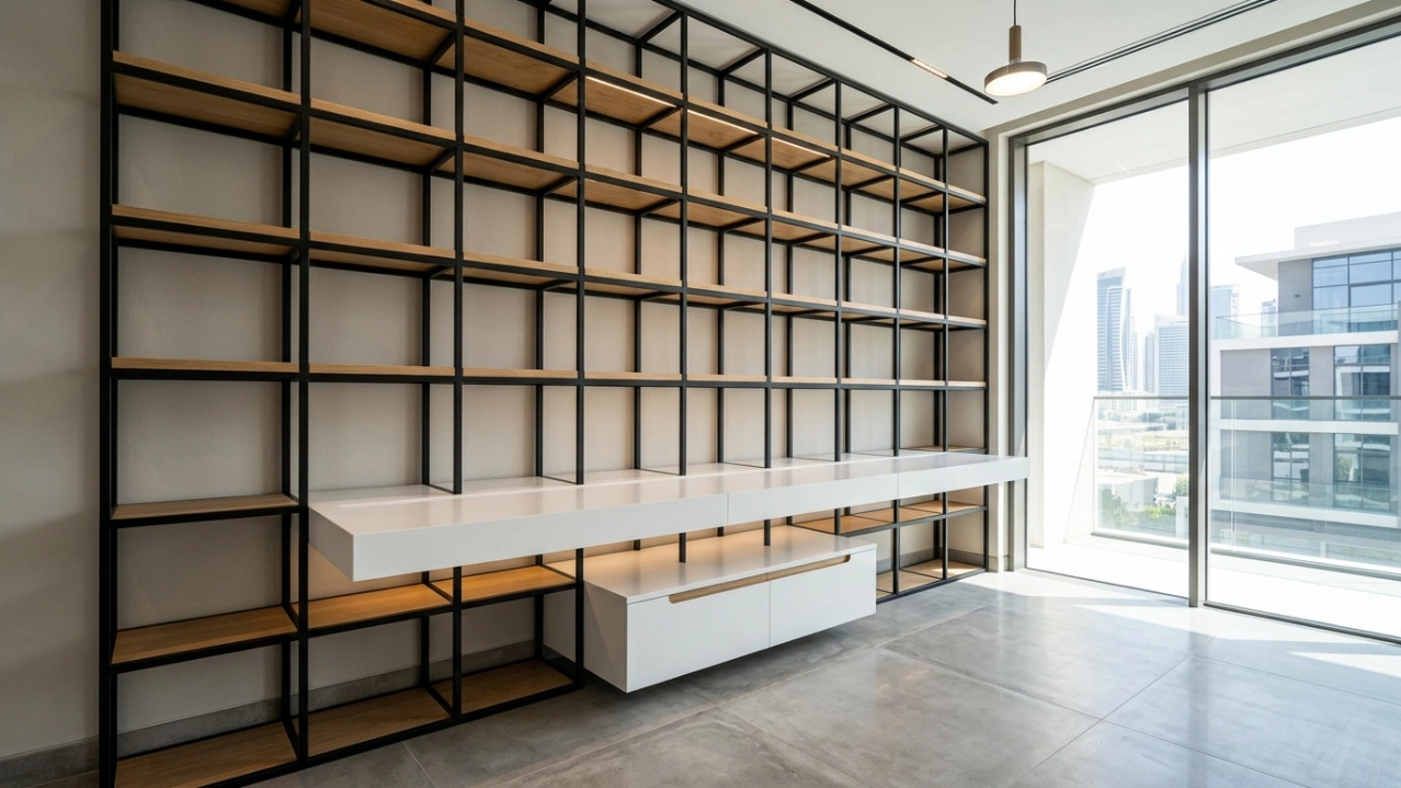 Custom built-in metal grid shelving wall with oak boards and floating white desk in MBR City Dubai villa home office