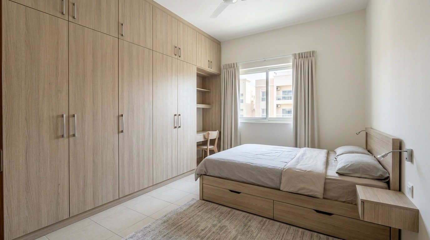 guest bedroom carpentry Dubai fitted wardrobes compact storage UAE