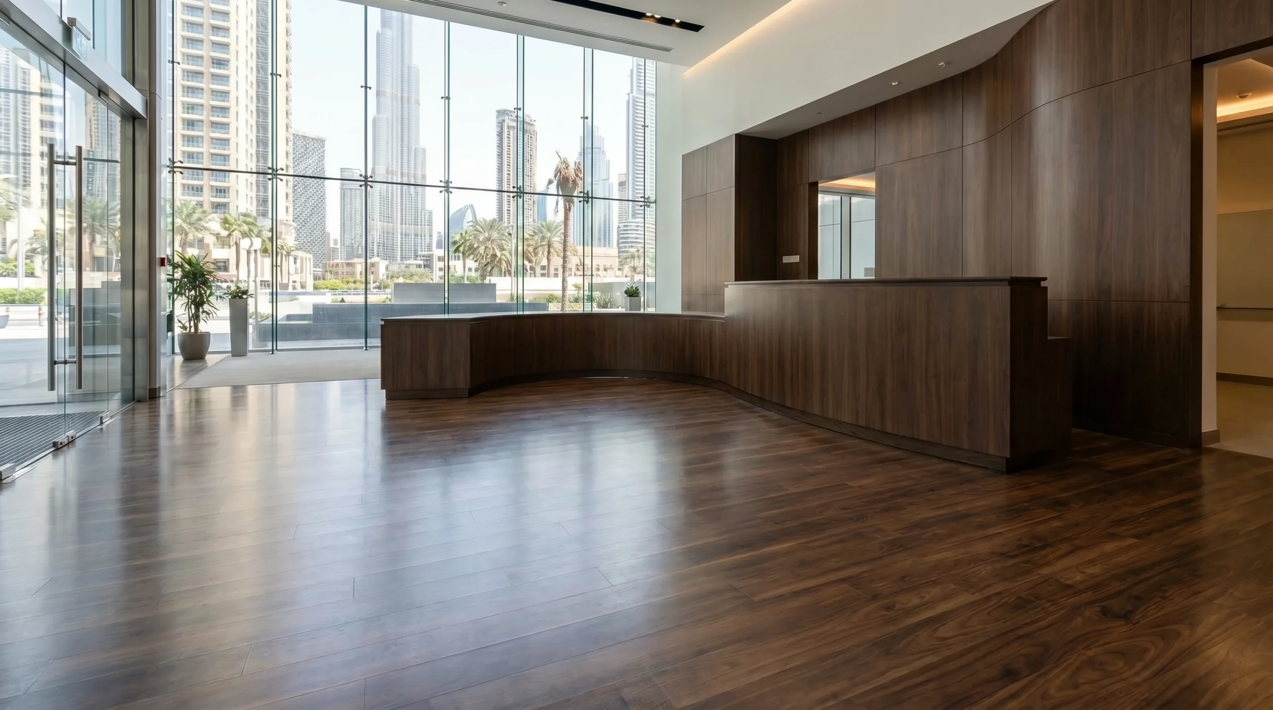 High-gloss AC5 walnut laminate flooring in a busy Downtown Dubai reception area near custom joinery.