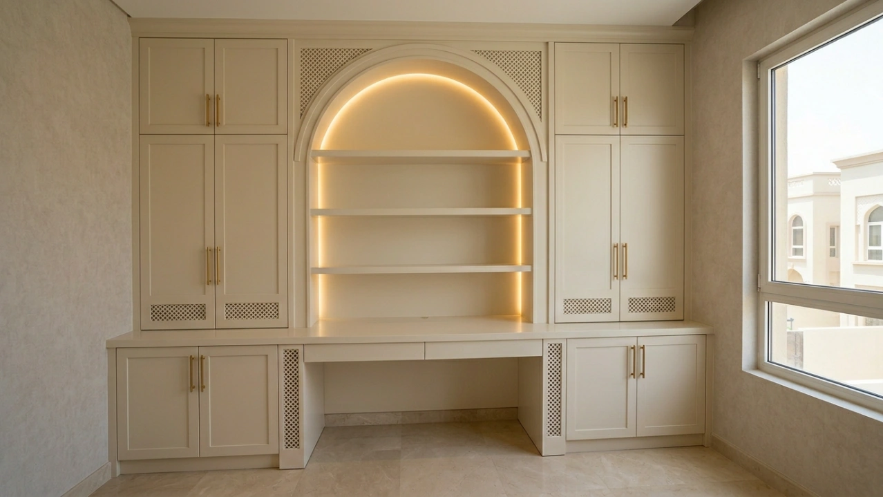 Custom built-in home office with arched bookcase centrepiece in ivory lacquer and gold handles in Khalifa City Abu Dhabi villa