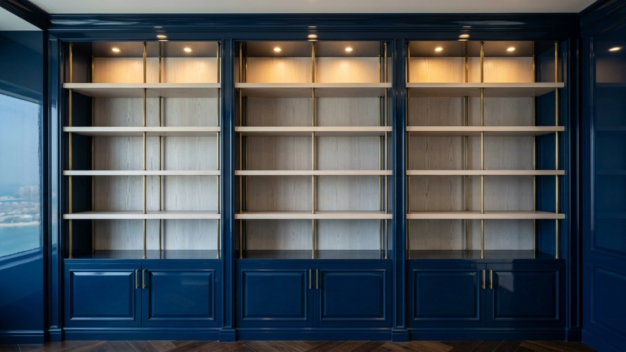 Custom fitted home office wall shelving in navy blue lacquer with brass shelf rods in Palm Jumeirah villa study