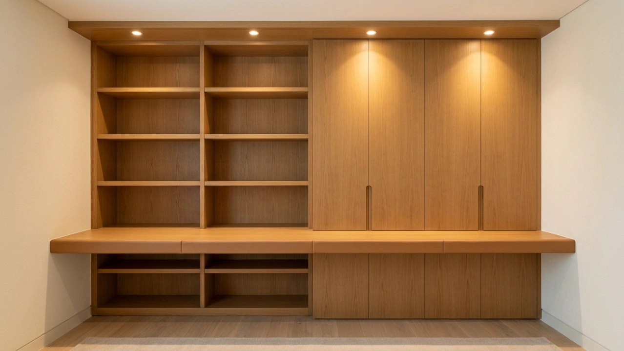 Custom built-in home office combining bookcase and wardrobe with floating desk in caramel oak in Mudon Dubai villa study