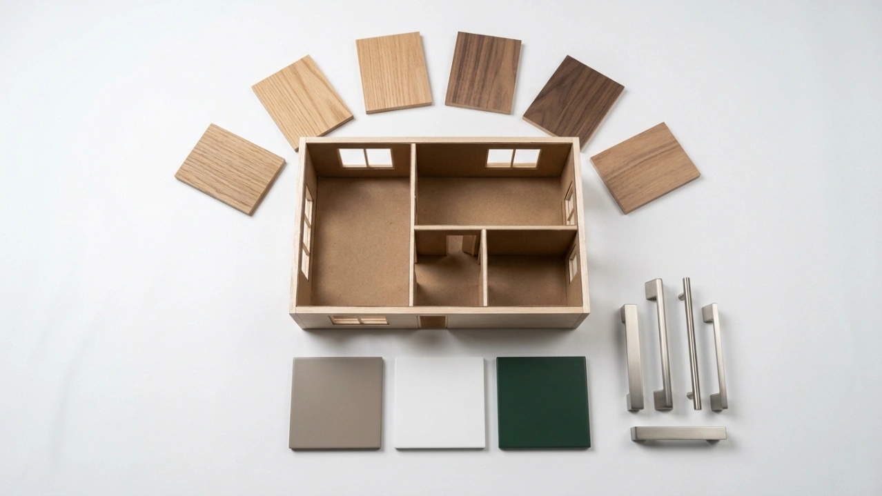 Home office design planning spread with scale room model, veneer samples, lacquer finishes, and hardware in a UAE carpentry studio by Karnak Carpentry