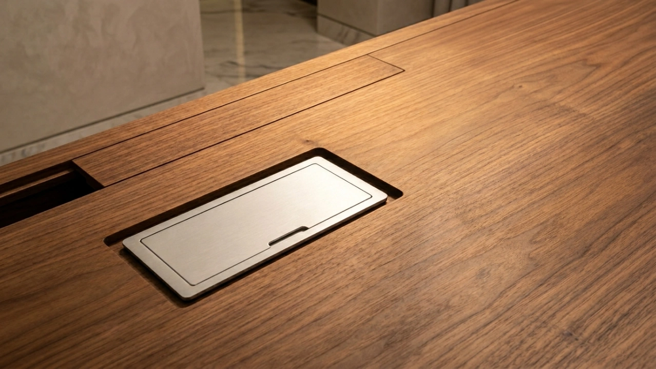 Walnut veneer home office desk with flush pop-up power hub, cable spine channel, and monitor arm anchor plate in a UAE villa by Karnak Carpentry