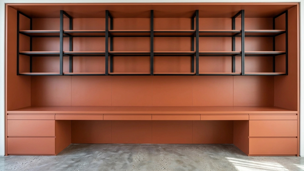 Custom built-in home office in terracotta lacquer with black metal open shelf frames in Al Barsha South Dubai villa