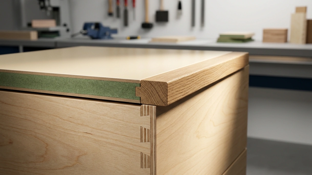 Cross-section quality detail of moisture-resistant MDF, solid oak lipping, and dovetail drawer joint in a UAE home office drawer unit by Karnak Carpentry