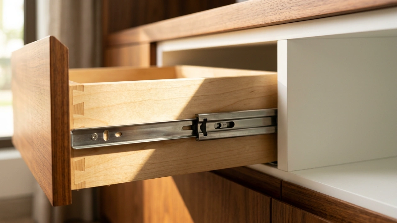 Full-extension soft-close drawer rail with dovetail birch drawer box in a UAE home office built-in unit showcasing Karnak's warranty-grade construction