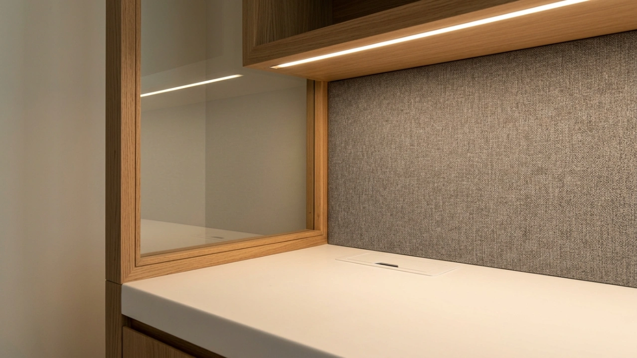 Precision junction detail of integrated home office carpentry systems including desk, glass screen, acoustic panel, and LED shelf in a UAE villa by Karnak Carpentry