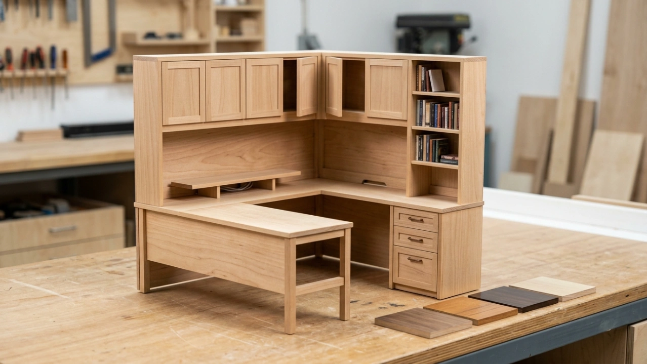 Physical 1:10 scale timber prototype model of an L-shaped home office desk and bookcase unit in a UAE