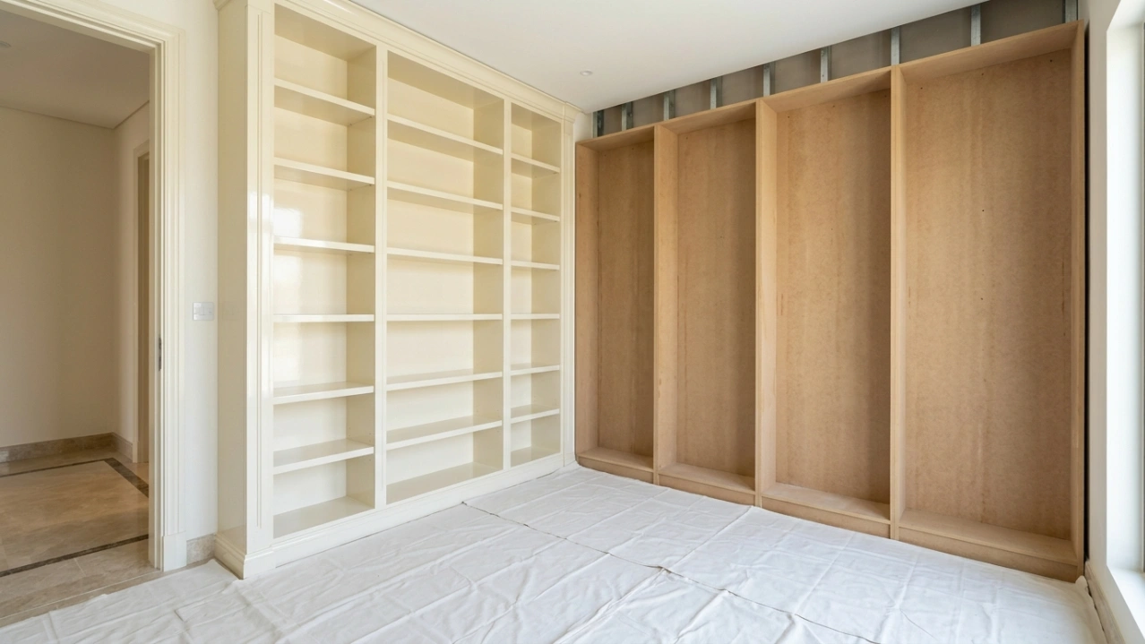 Mid-installation home office showing completed ivory lacquer bookcase alongside raw MDF carcass panels in a UAE villa by Karnak Carpentry