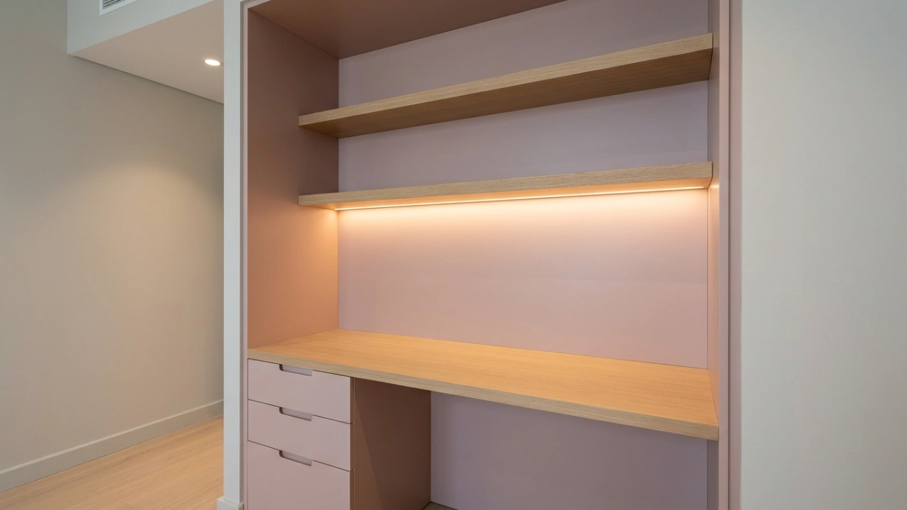: Custom built-in home office alcove nook in blush pink lacquer with oak shelves in Sobha Hartland Dubai apartment bedroom
