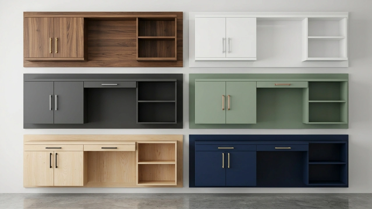 Portfolio display of six home office carpentry finishes including walnut, lacquer, charcoal, sage green, birch, and navy in UAE showroom by Karnak Carpentry