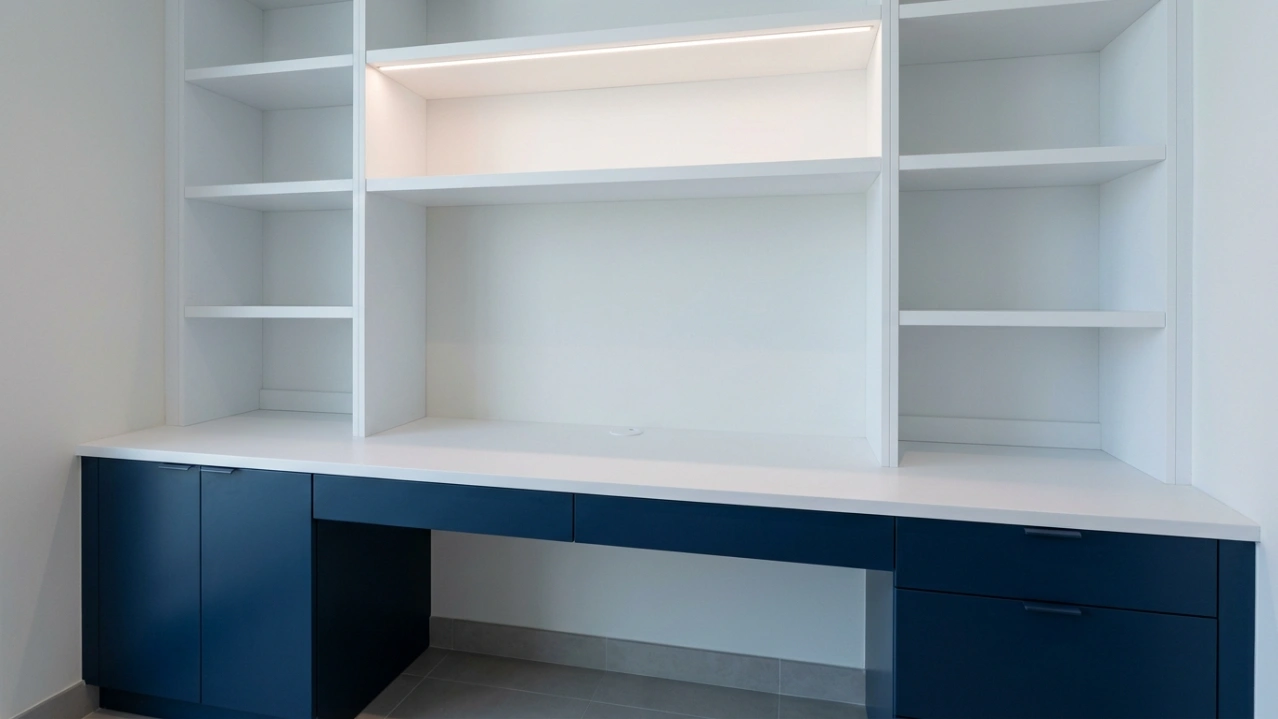 Custom built-in two-tone home office desk in midnight blue and white in Dubai Marina apartment study alcove