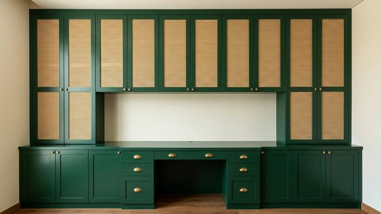 Custom built-in home office unit in forest green with rattan insert doors and brass handles in Tilal Al Ghaf Dubai villa