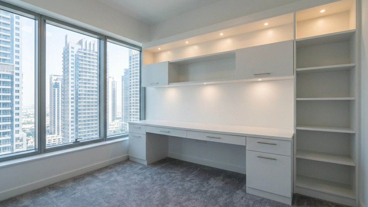 Custom built-in home office desk and bookcase tower in matte white with chrome handles in JLT Dubai apartment study