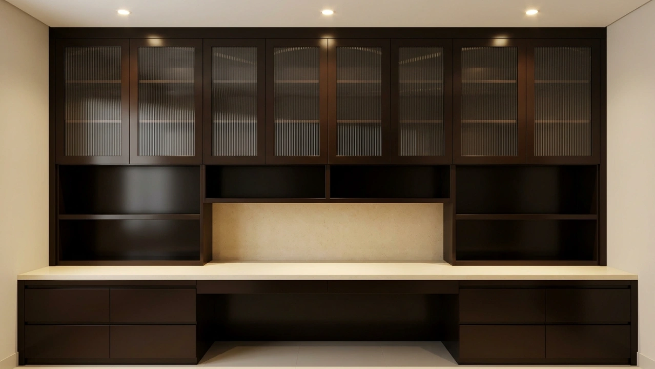 Custom built-in home office wall unit in espresso brown with fluted glass doors and quartz desk in The Lakes Dubai villa