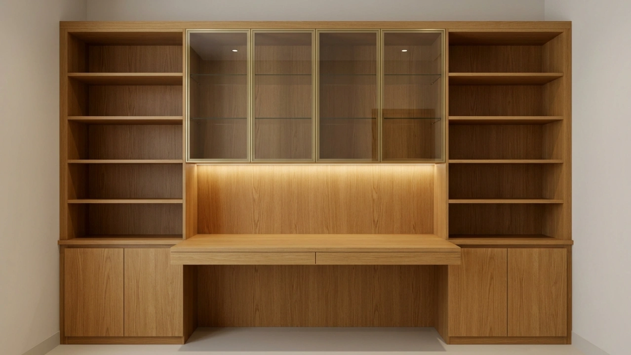 Custom built-in home office unit in honey oak with glass-front cabinets and floating desk in Mirdif Dubai villa study