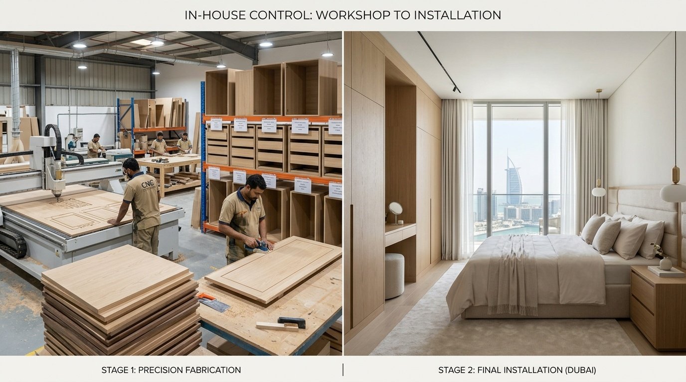 in house carpentry Dubai bedroom project workshop to installation UAE