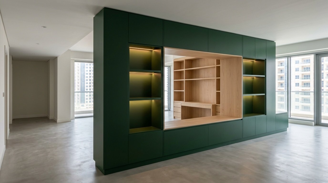 Custom double-sided room divider combining forest green display wall and ash veneer home office in a Dubai Marina apartment by Karnak Carpentry